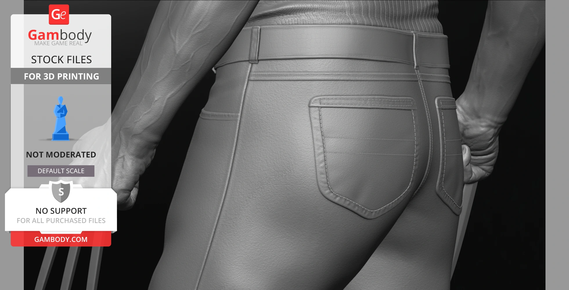 A 3D model close-up of a textured rear pants pocket and clenched hand holding claws.