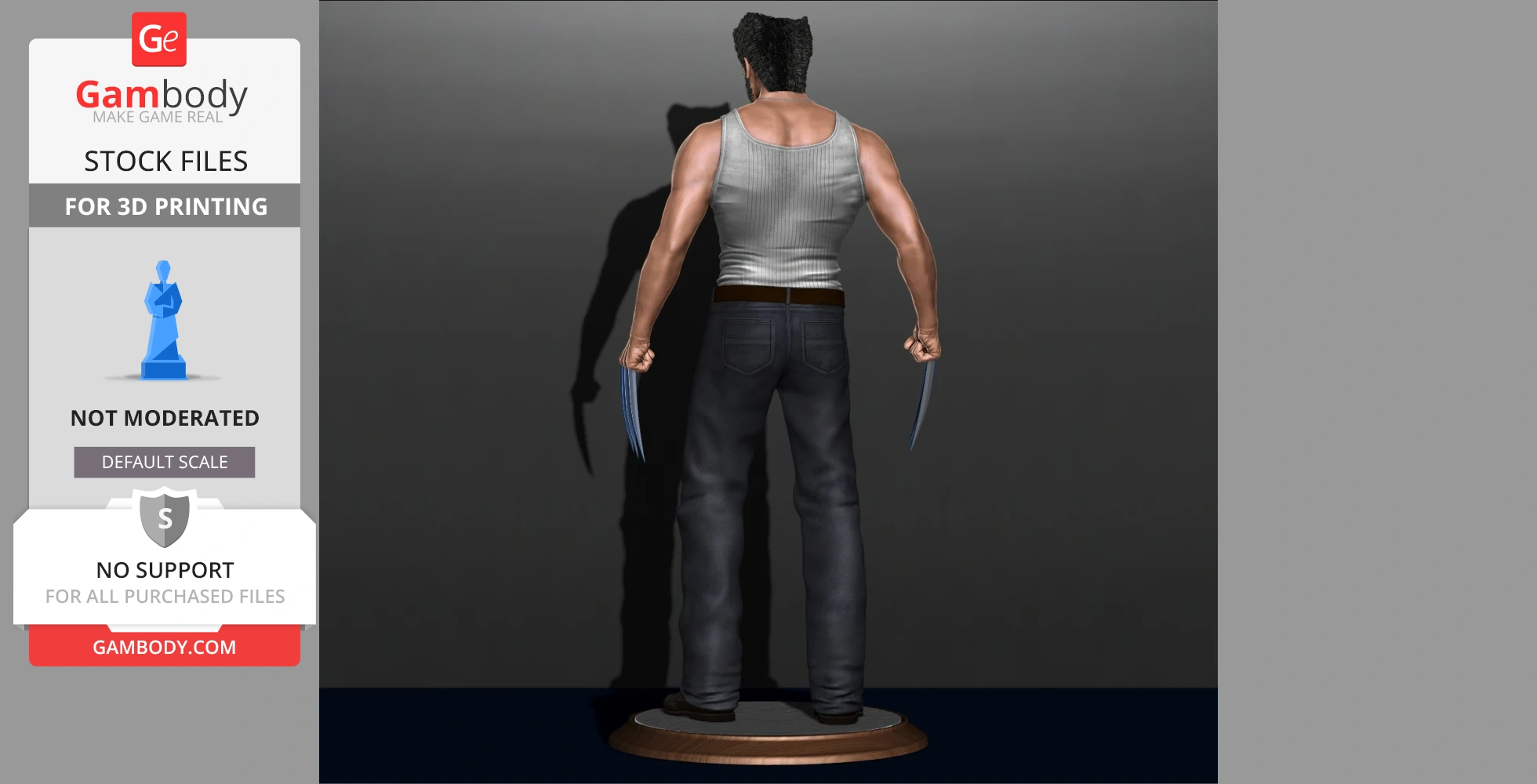 A 3D model of a muscular character with clawed hands, wearing a tank top and jeans, standing on a circular base.
