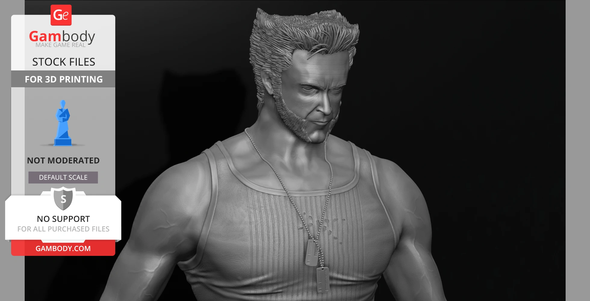 A detailed 3D model of a muscular man with spiked hair, wearing a tank top and dog tags.