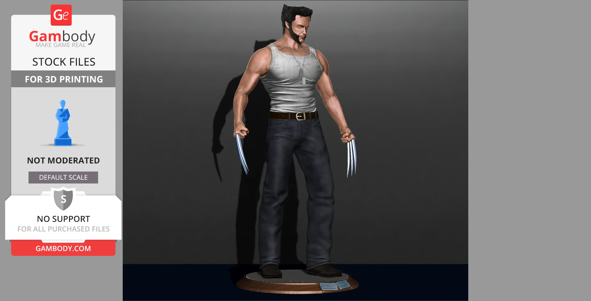 A 3D model of a muscular man with claws, wearing a tank top and jeans, standing on a circular base.