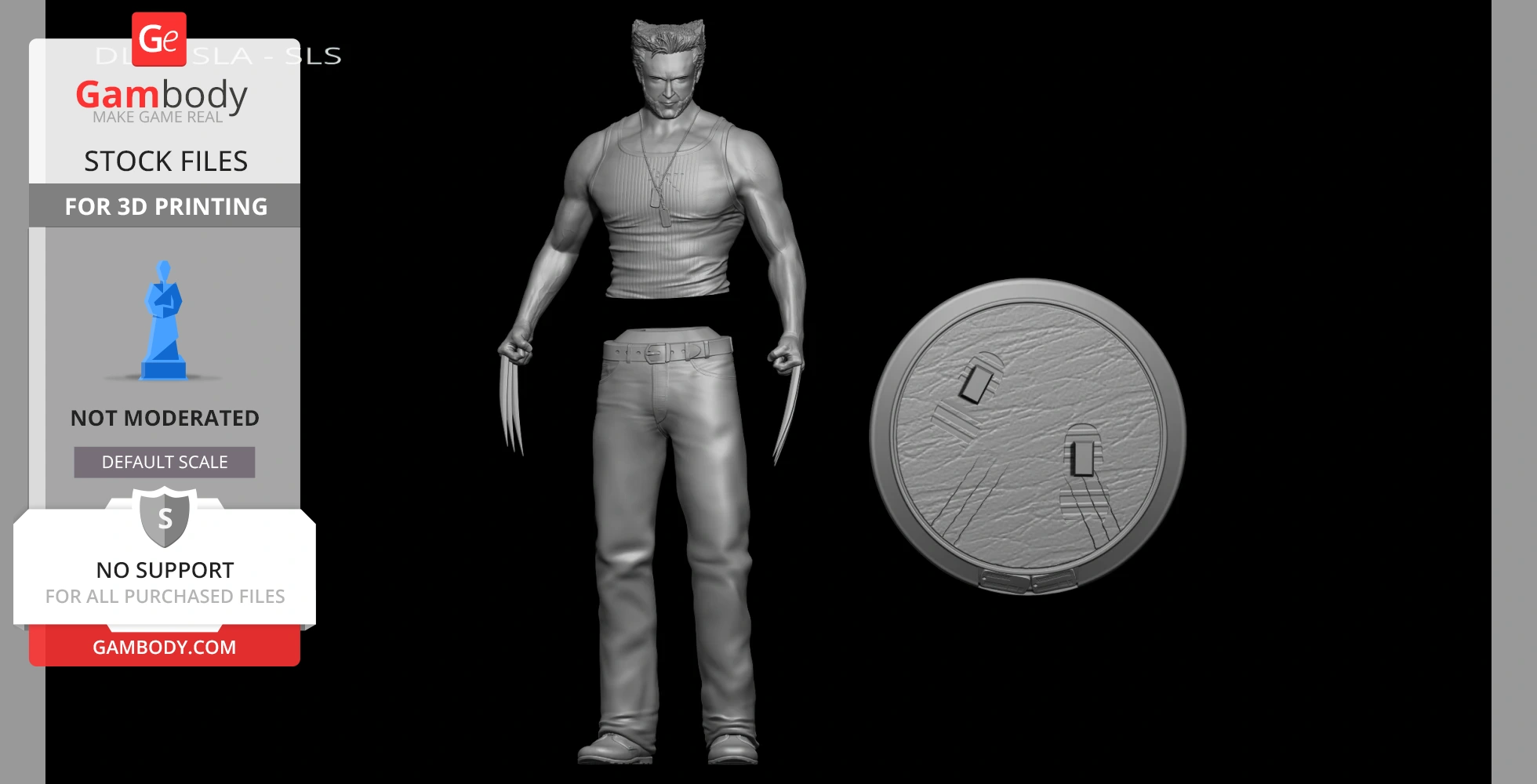 3D model of a muscular man with claws, standing on a circular base, designed for 3D printing.