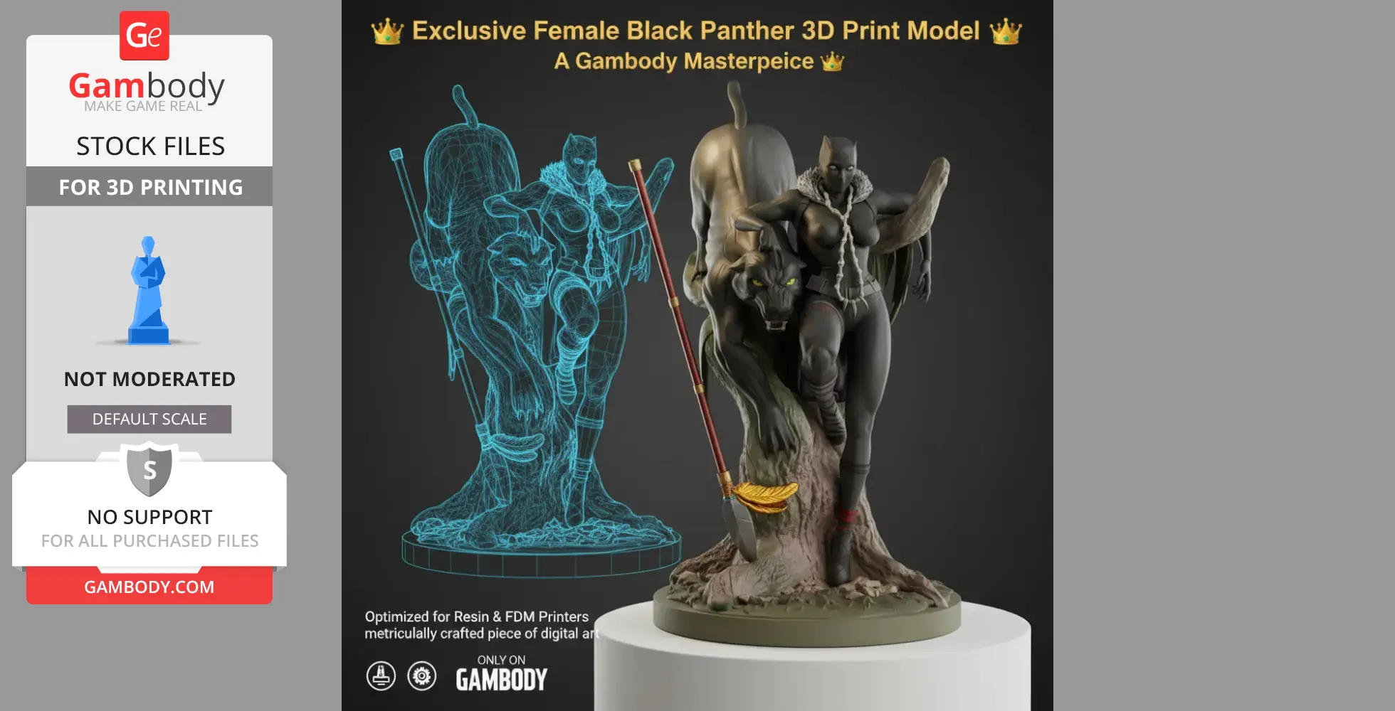 A detailed 3D model of a female superhero resembling a panther, posed with a staff on a decorative base.
