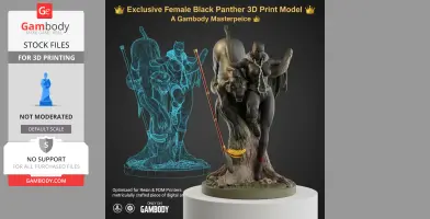 A detailed 3D model of a female Black Panther in dynamic pose with a spear, designed for 3D printing.
