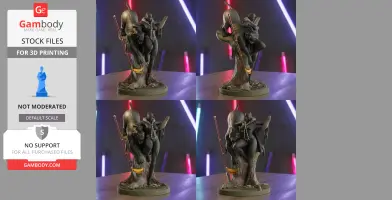 A dynamic female warrior stands beside a black panther on a tree base.