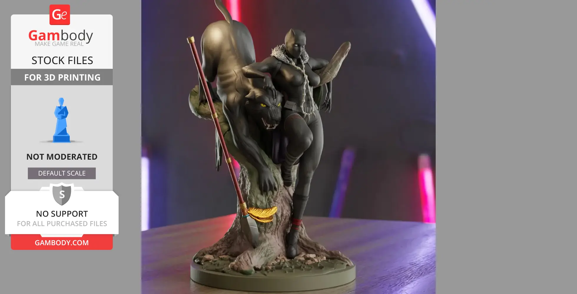 A detailed 3D model of a female superhero in a stealth suit beside a crouching black panther on a base.