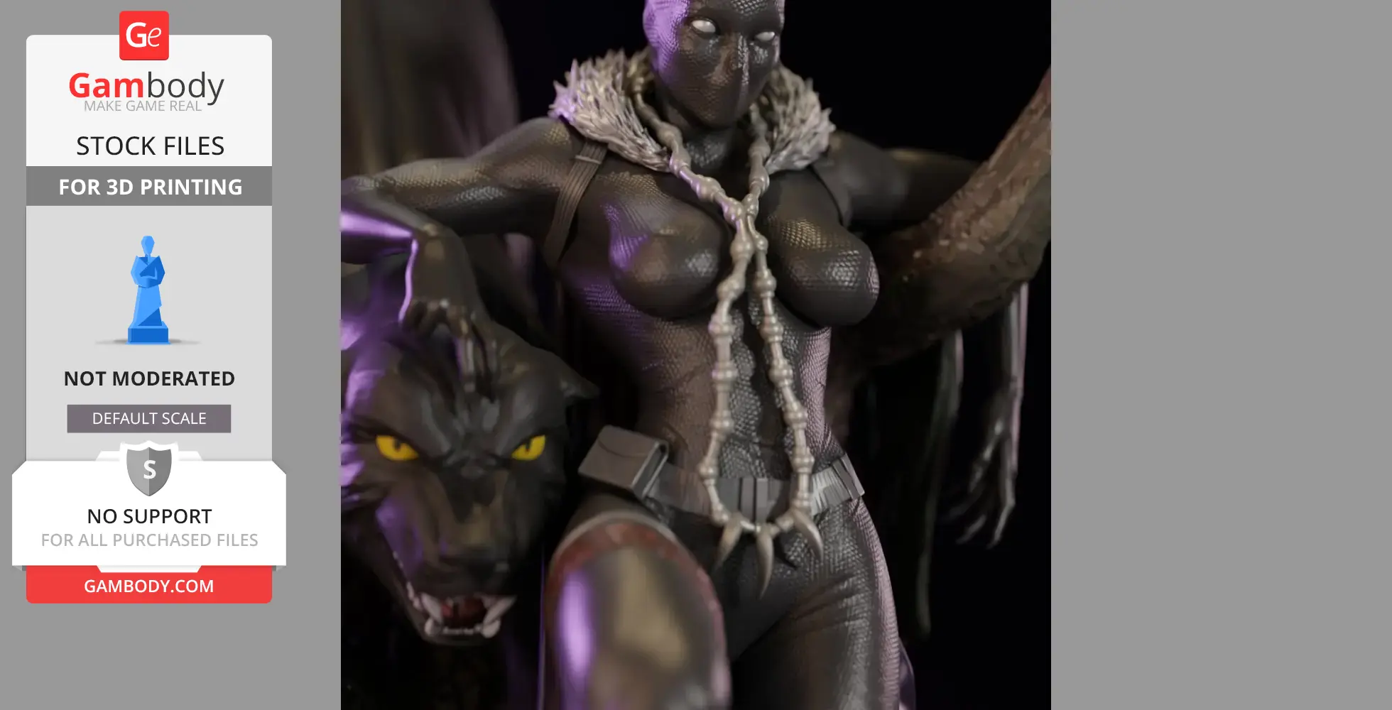A 3D model of a female superhero in a detailed suit, with a panther figure beside her, designed for 3D printing.