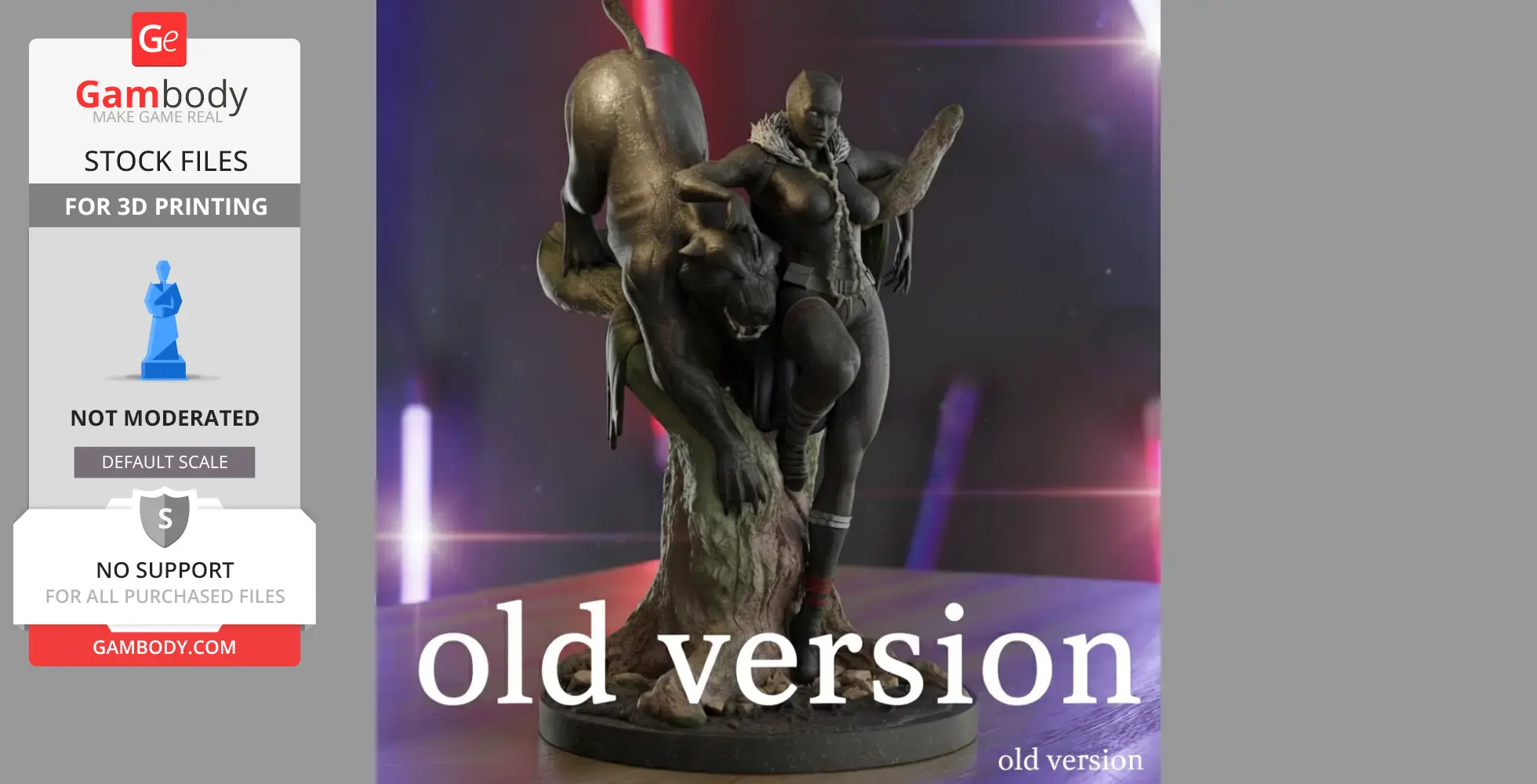 A detailed female superhero model with a panther on a tree base, designed for 3D printing.