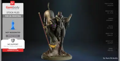 Female Black Panther 3D model with staff, standing beside a roaring black panther on a tree base.