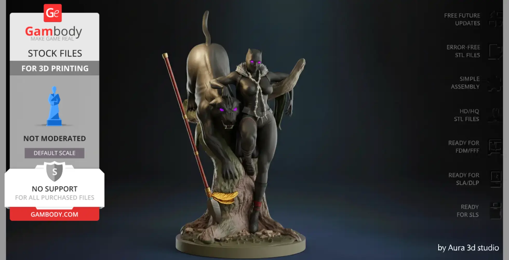 Female Black Panther 3D model with staff, standing beside a roaring black panther on a tree base.