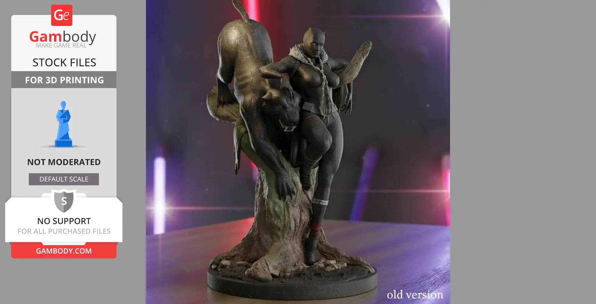 A female Black Panther figure leans against a tree, beside a black panther, on a round base.