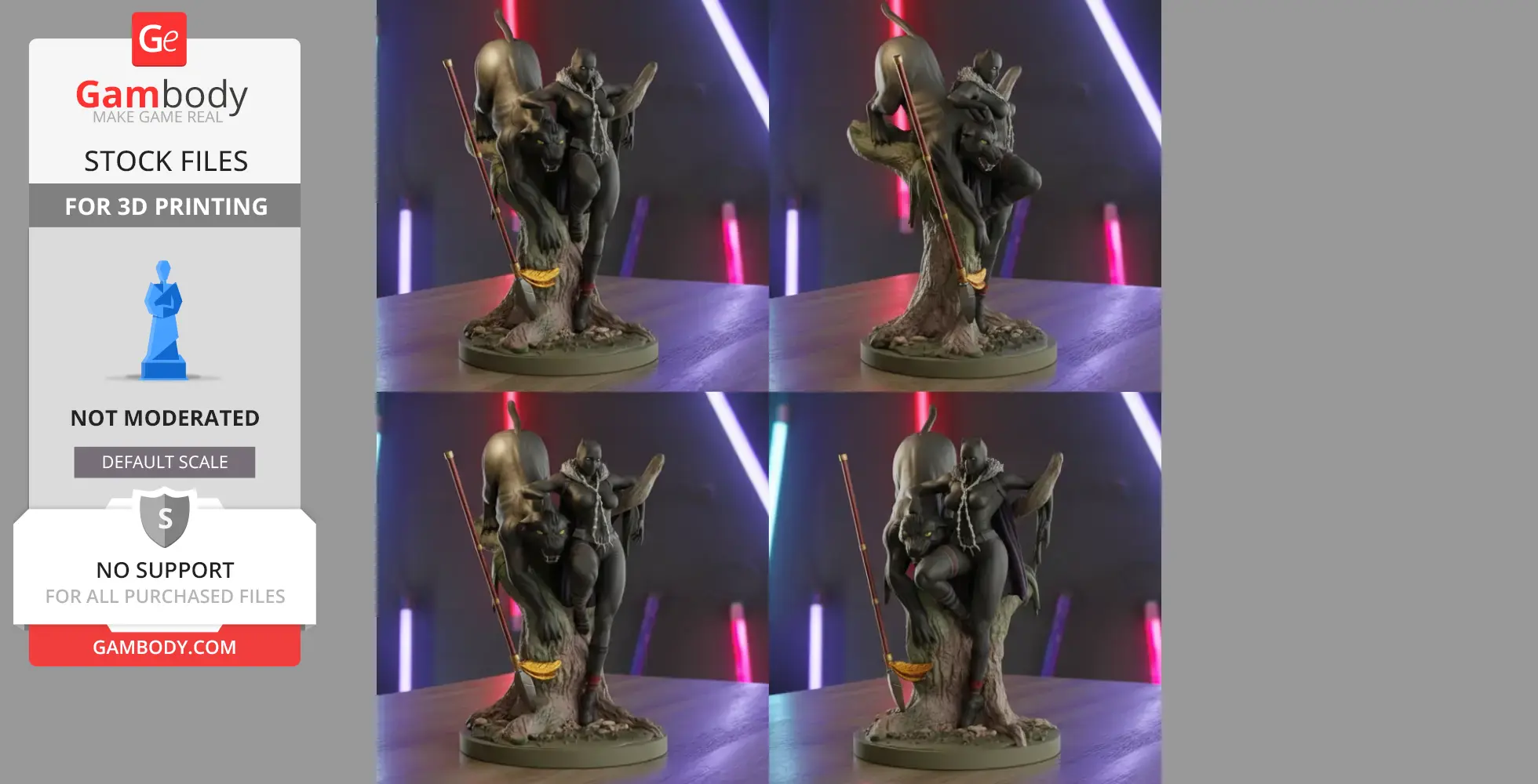 A dynamic female warrior stands beside a black panther on a tree base.