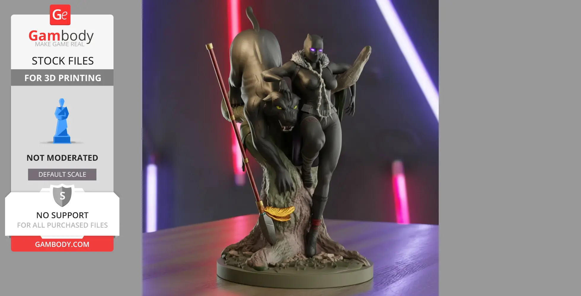 Female superhero with panther, standing on a base, ready for 3D printing; designed by Gambody.