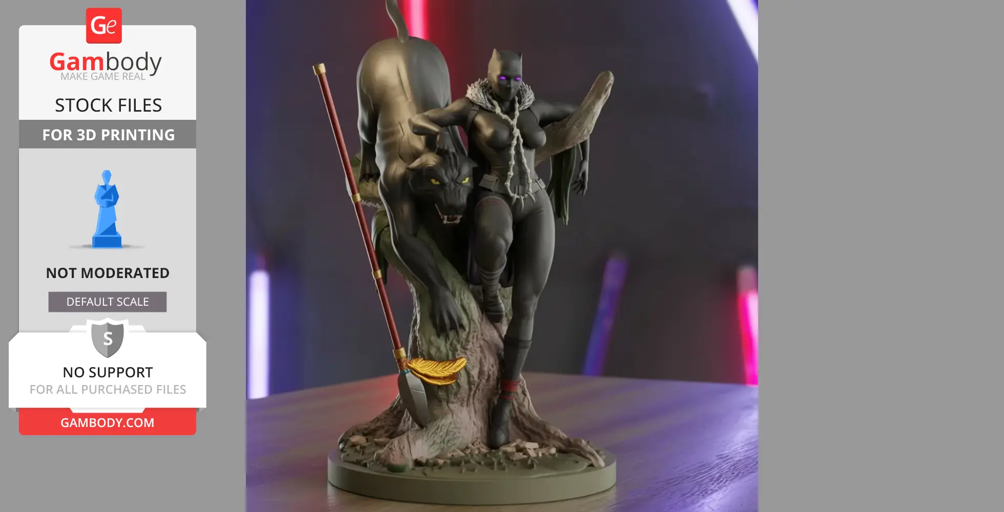 A female Black Panther figure in superhero attire stands beside a large panther on a tree.