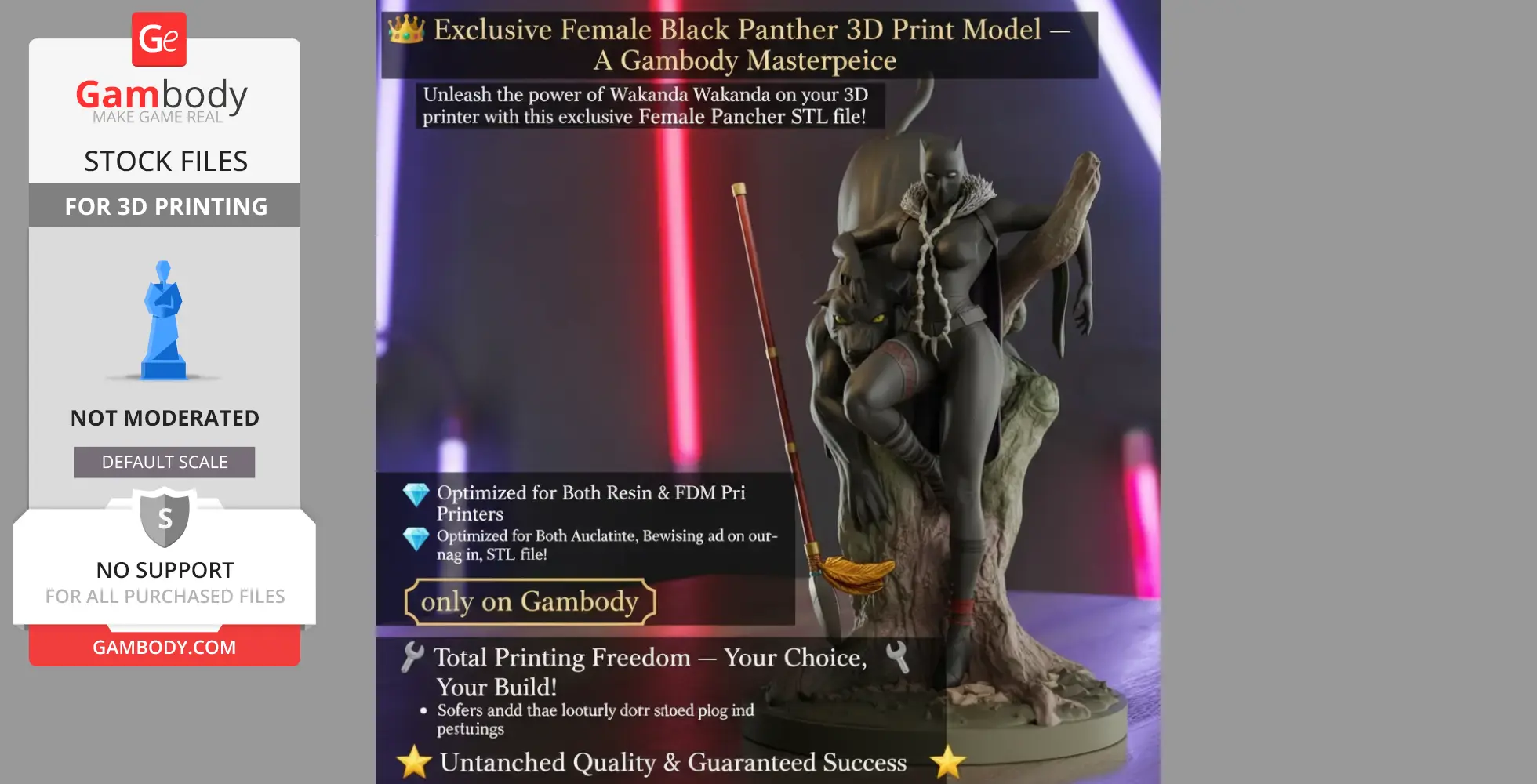 A detailed 3D model of a female character resembling a panther, poised on a tree with a spear.