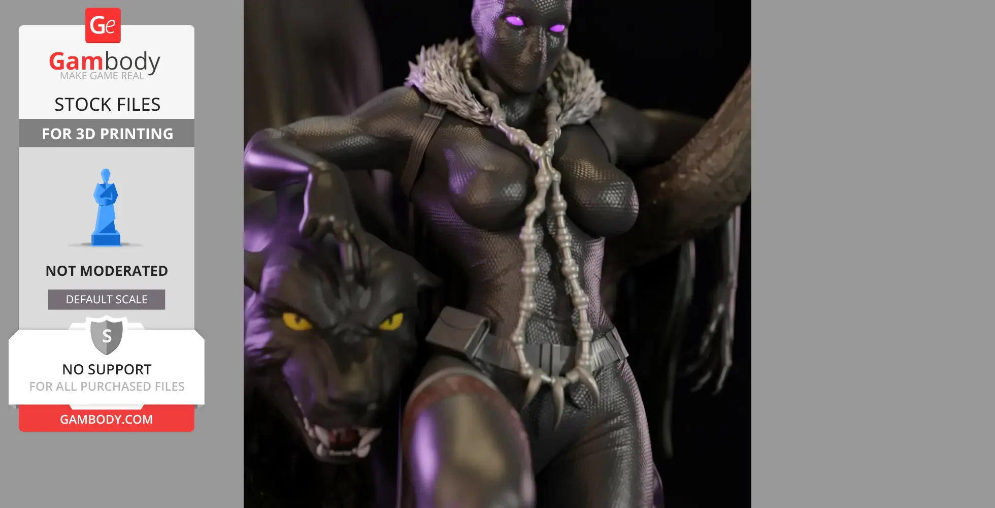 A female Black Panther in a textured suit with glowing eyes, next to a black panther head, designed for 3D printing.