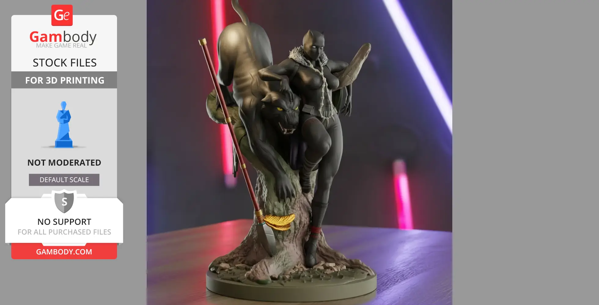 Female Black Panther figure with panther beside a tree, holding a spear, posed on a circular base.