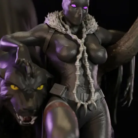 A female warrior in a sleek suit, resembling a panther, with a fierce expression and textured details.
