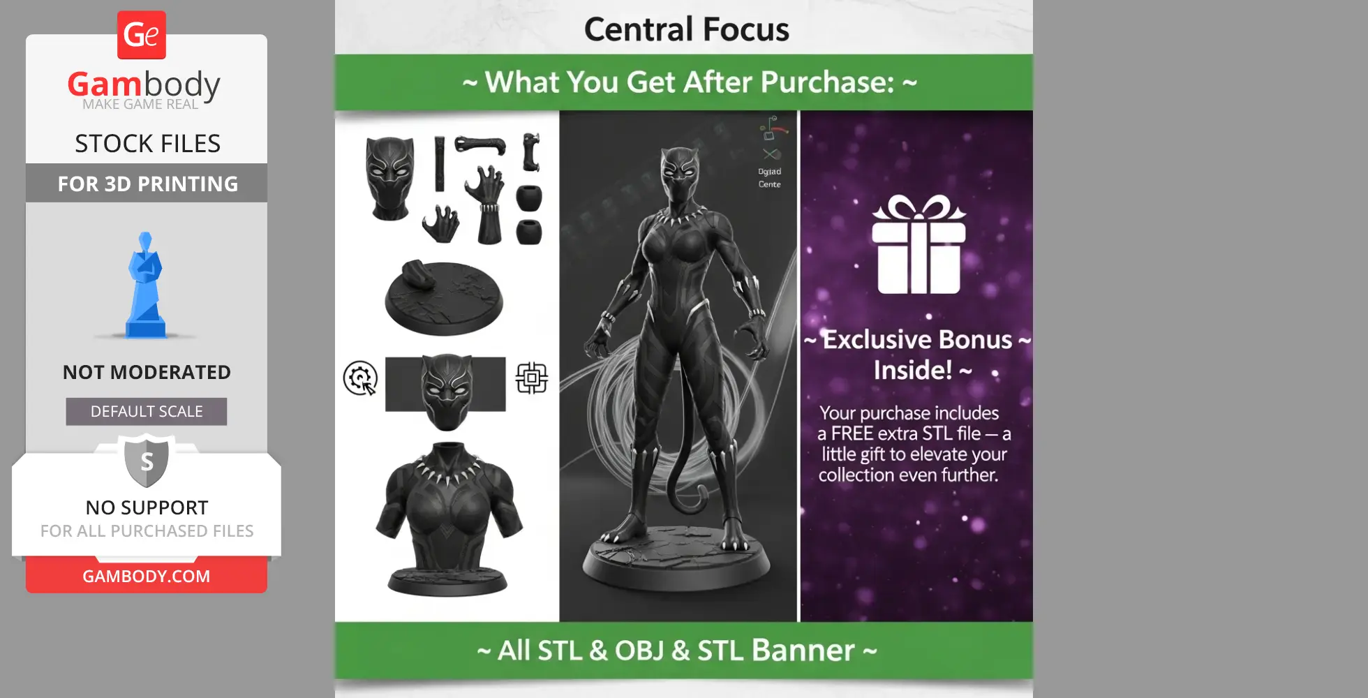 A 3D model of a female superhero in a panther suit with interchangeable parts for 3D printing.