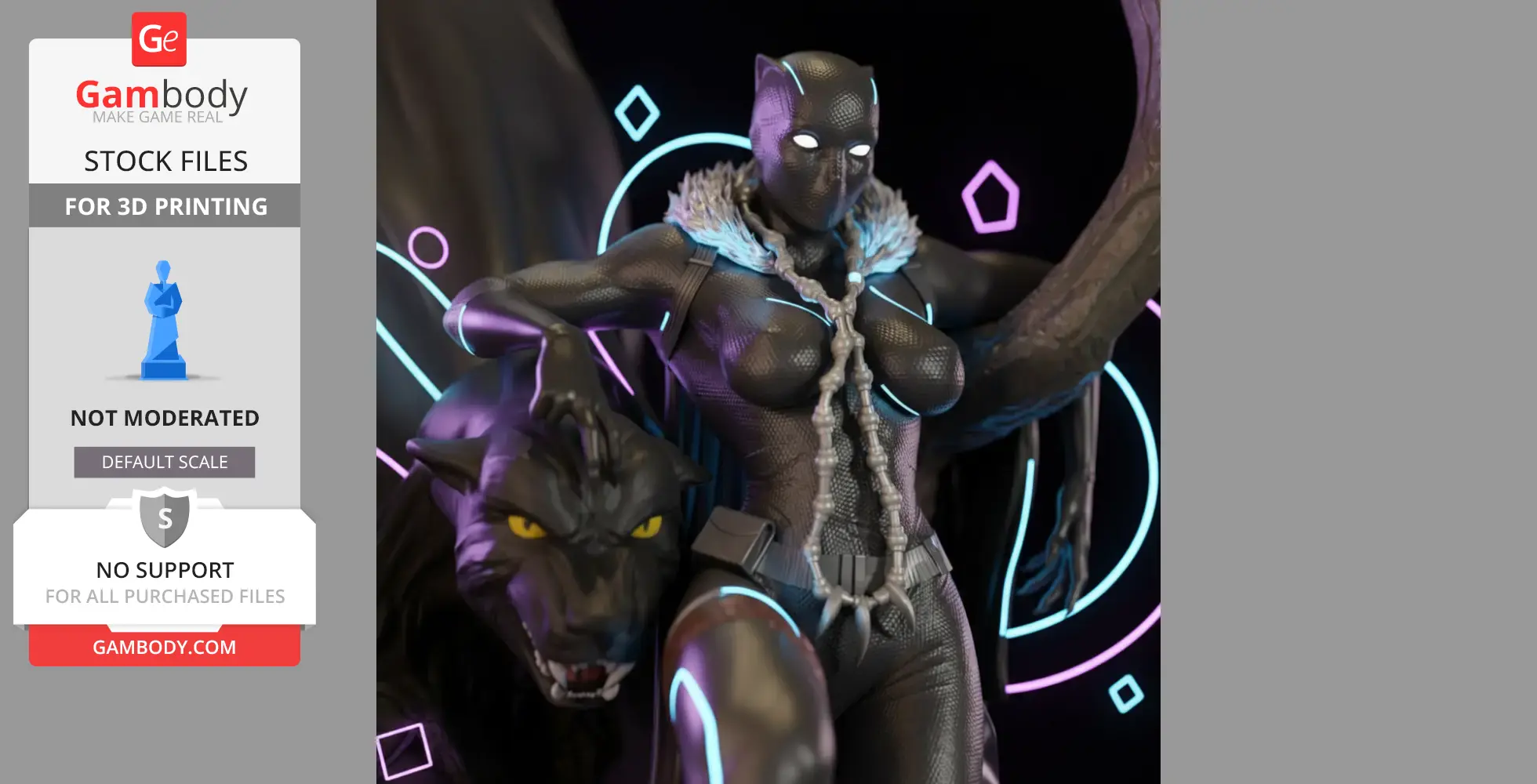 A female superhero in a panther suit, with glowing accents, standing beside a black panther.