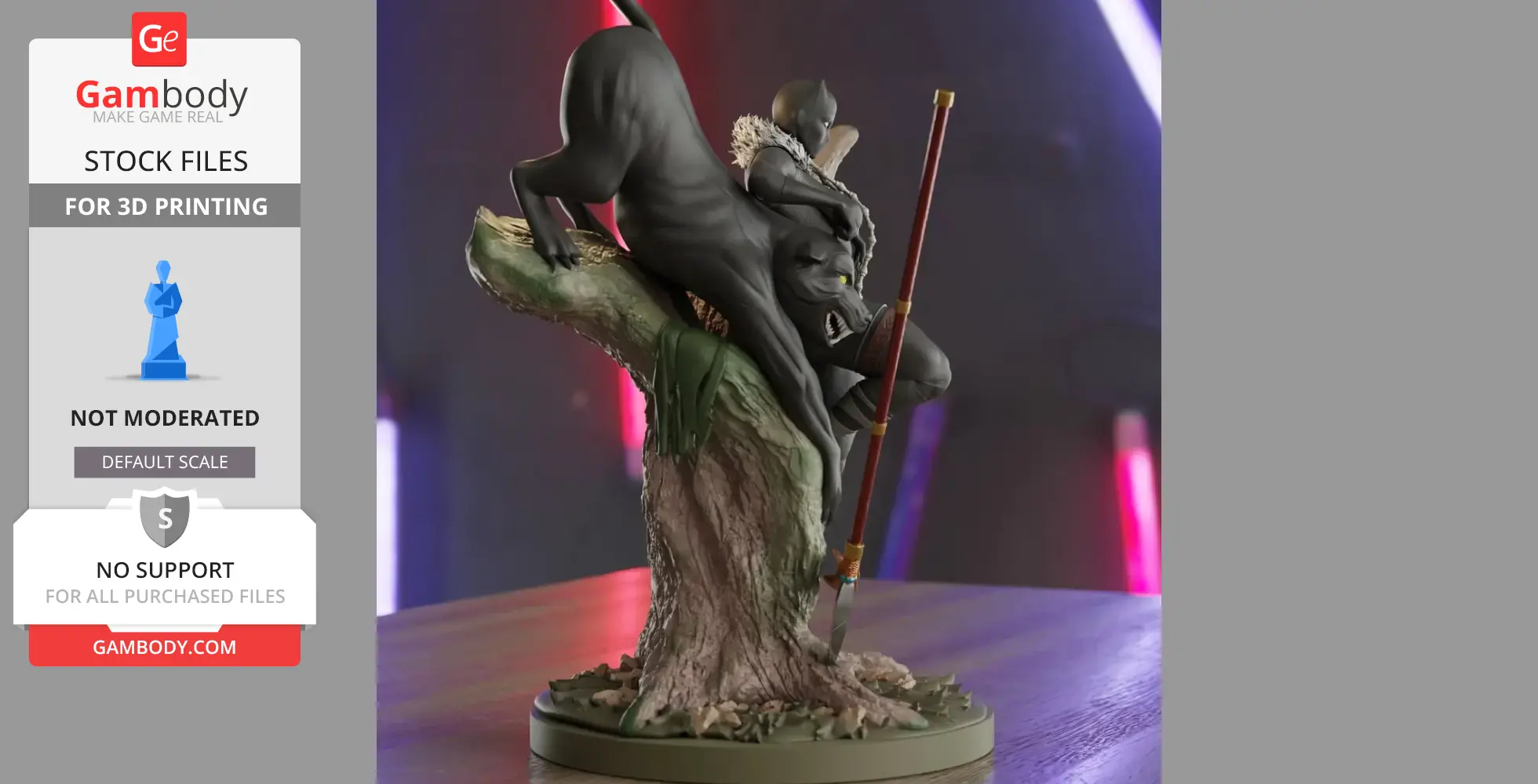 A 3D model of a female warrior with a staff, crouched by a panther on a tree base.
