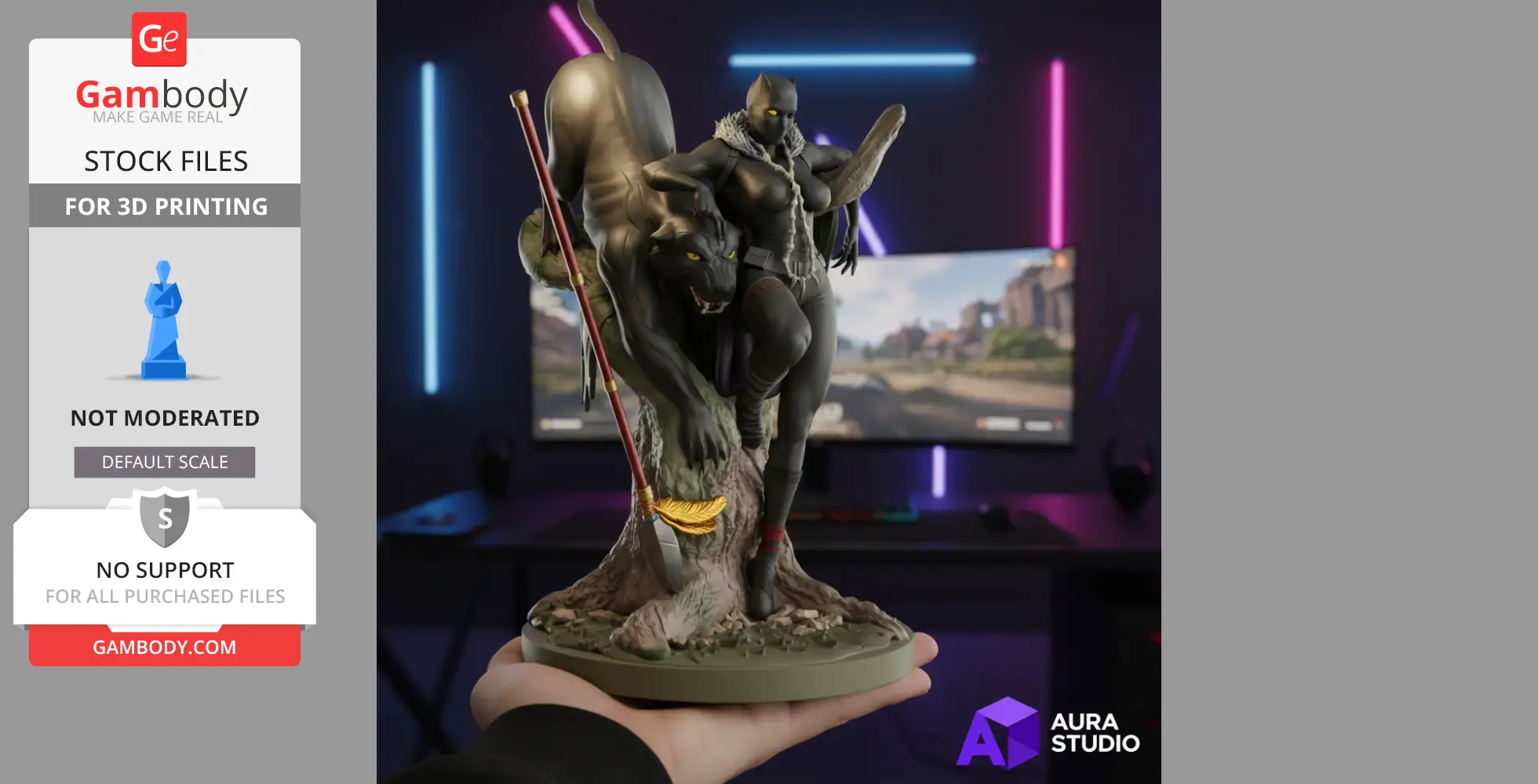 A 3D printed model of a female Black Panther with a panther on a tree, displayed in a hand.