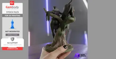 A 3D model of a female Black Panther posed with a tree, held by a hand, designed for 3D printing.