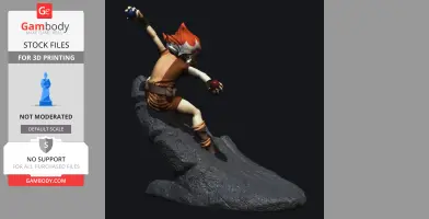 A dynamic figure poised on a rock, ready for action, with spiky orange hair and a determined expression.