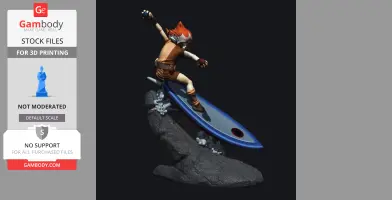 A dynamic 3D model of a character riding a futuristic blue surfboard on rocky terrain, poised for action.