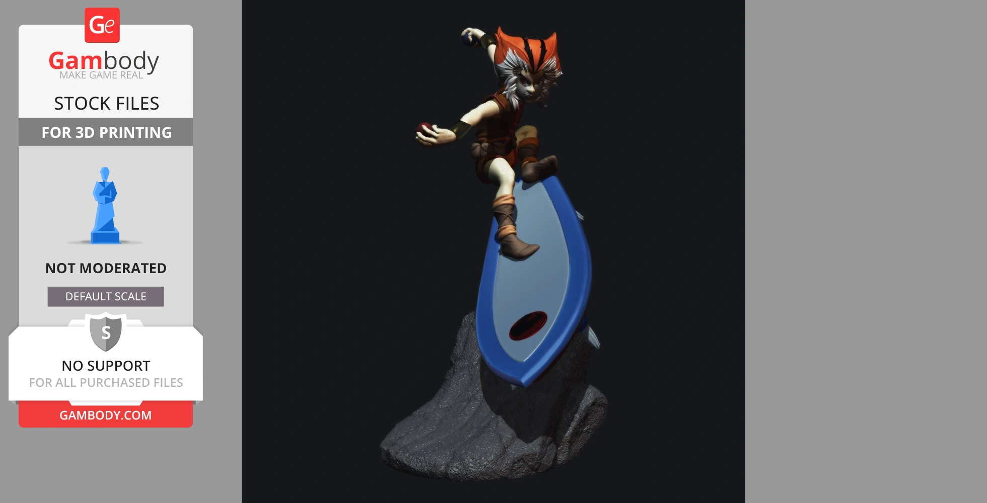 Character with orange hair surfing on a blue board, mounted on a rocky base.