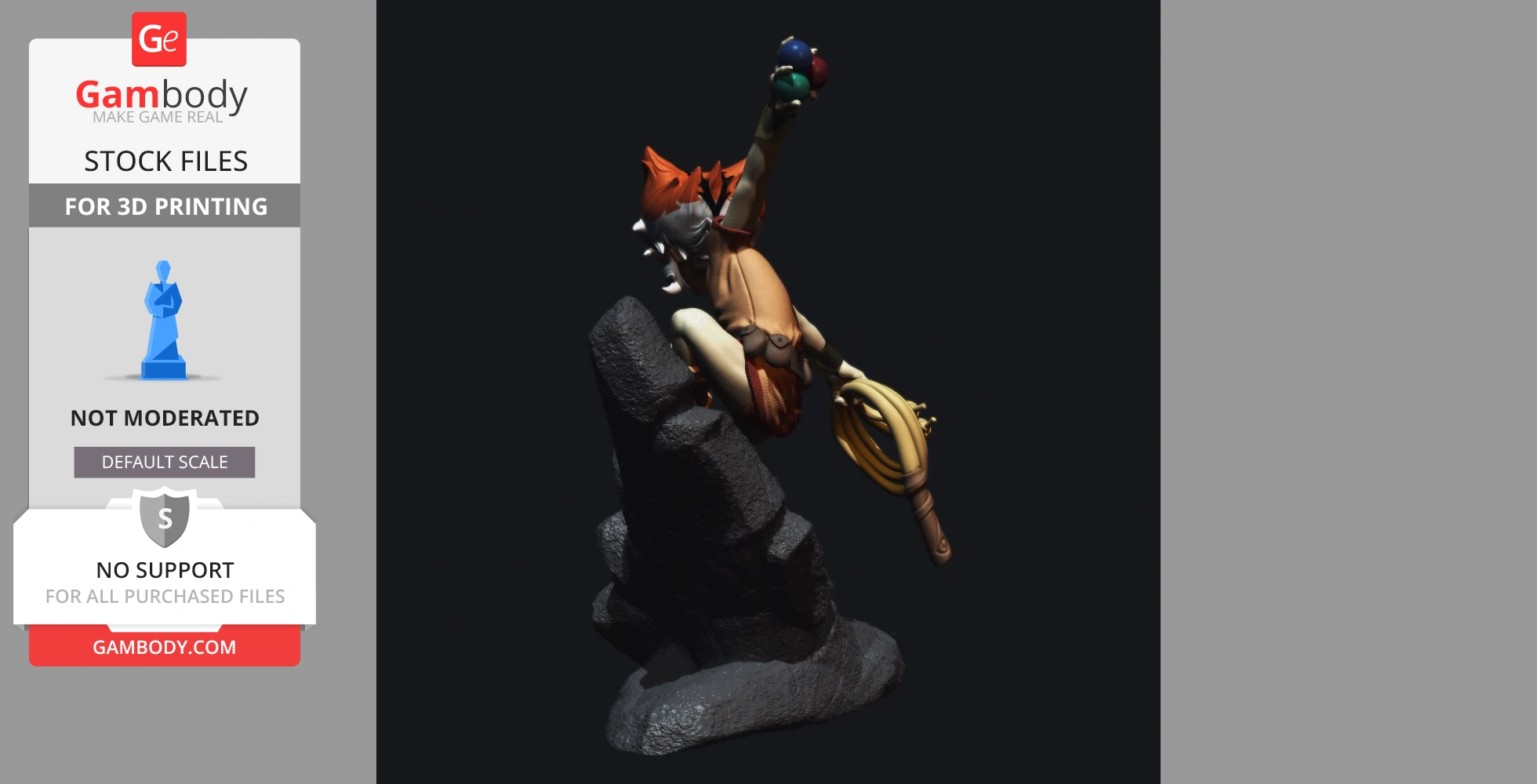 A stylized figure with red hair crouching on a rock, holding colorful balls and a coiled rope.