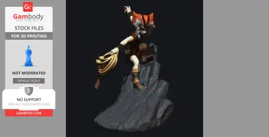A dynamic 3D model of a character with orange hair and a slingshot, posed on a rocky base.