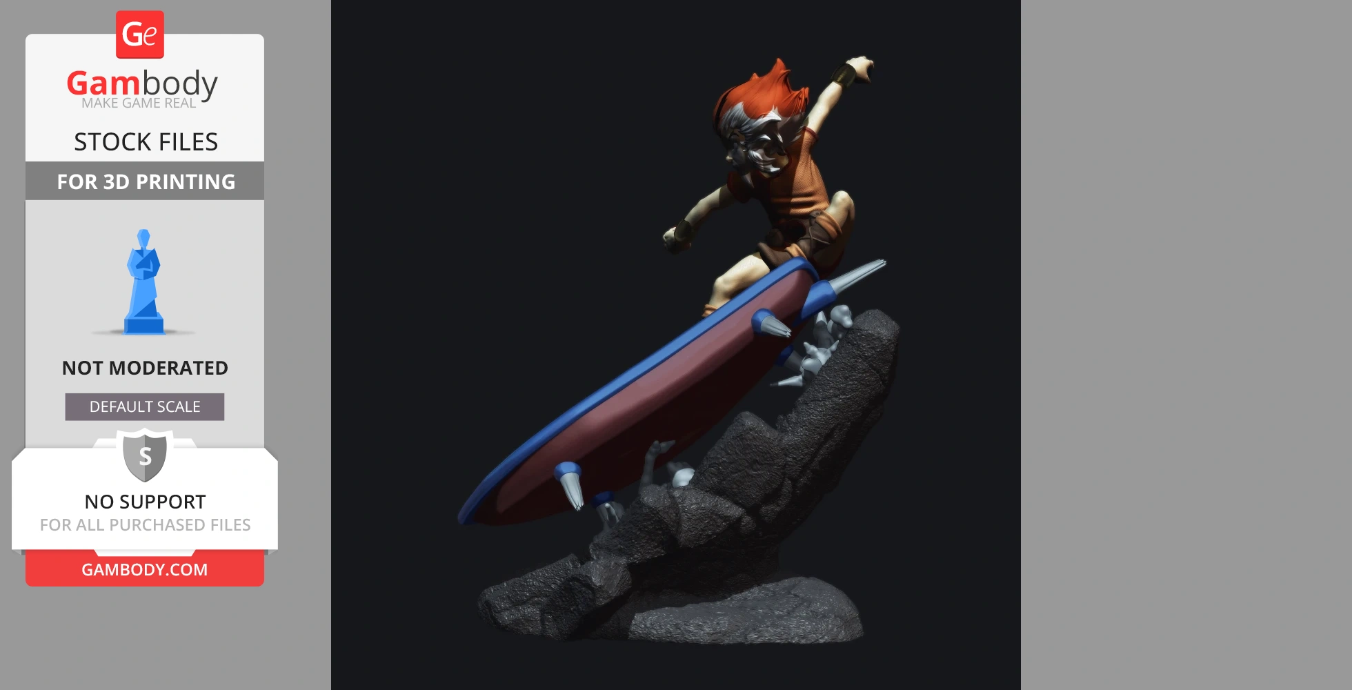 A dynamic 3D model of a character surfing on a futuristic board over rocky terrain.