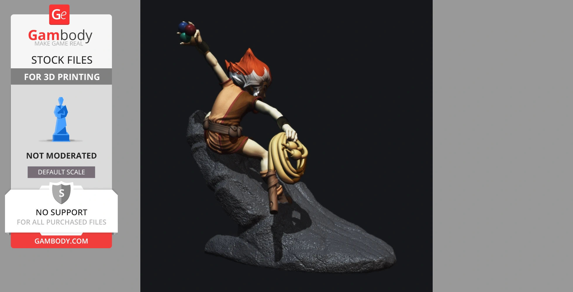 A dynamic 3D model of a character on a rock, posed with an energetic stance holding a weapon and a rope.