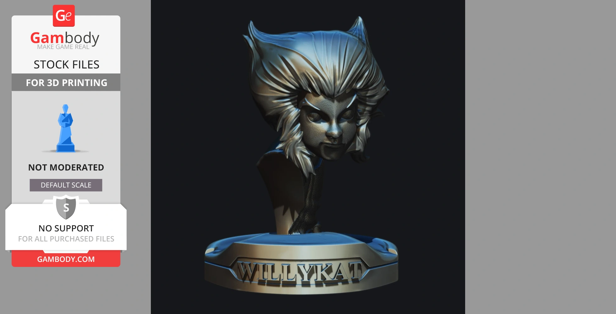 3D bust of Wilykat from Thundercats, featuring detailed hair and base labeled 'WILLYKAT' for 3D printing.