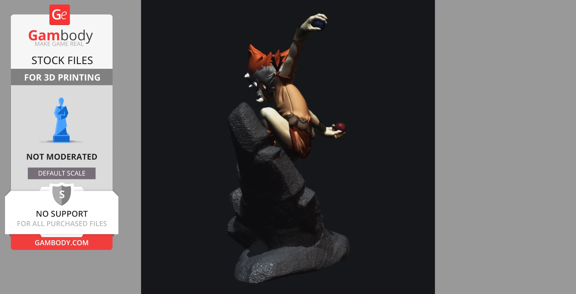 A dynamic 3D model of a character with orange hair crouching on a rocky base, holding two round objects.