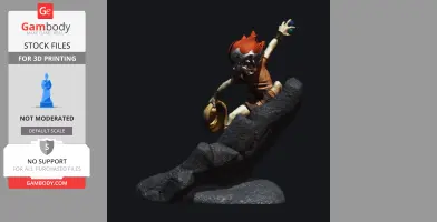 A dynamic 3D model of a character with red hair, posed on a rock, likely from the Thundercats series.