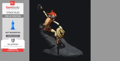 A dynamic 3D model of a character on a rock, posed with an energetic stance holding a weapon and a rope.