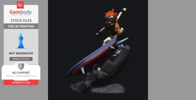A dynamic 3D model of a character surfing on a futuristic board over rocky terrain.