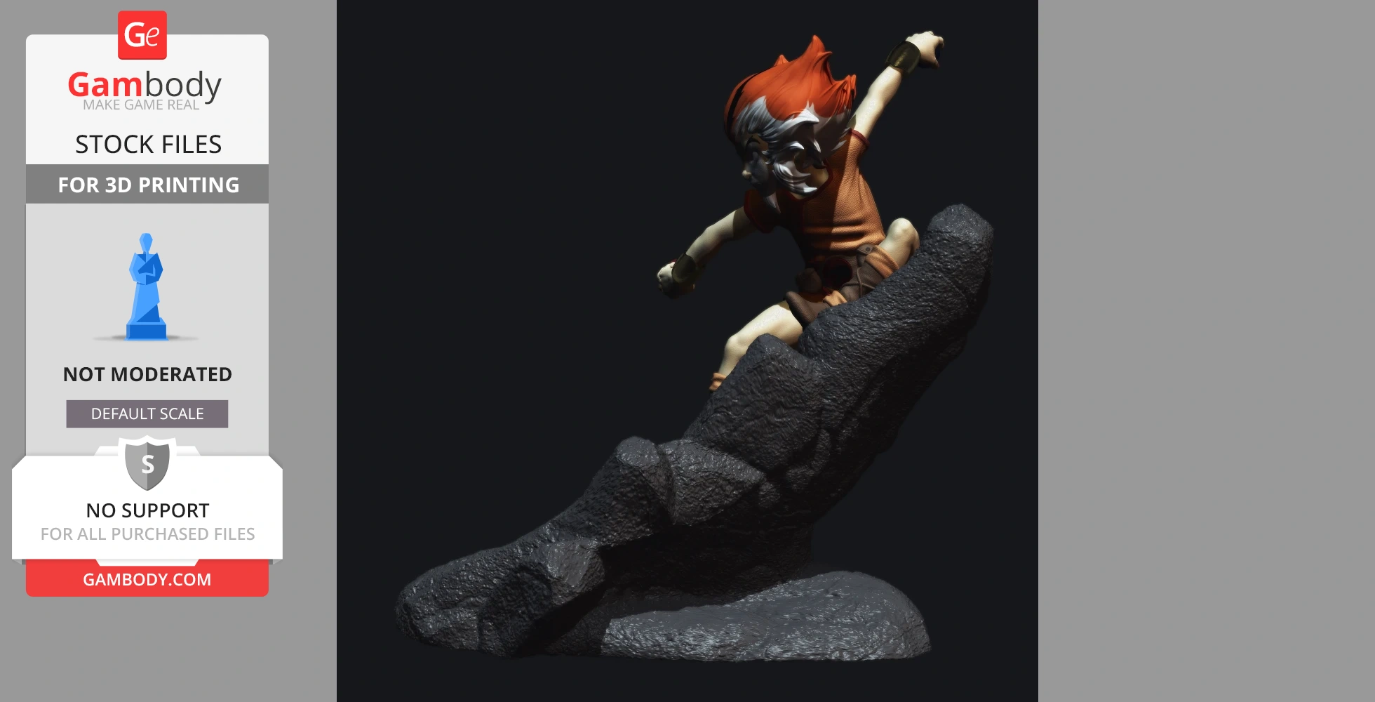 A dynamic figure with wild orange hair balances on a rocky outcrop, ready to leap forward.