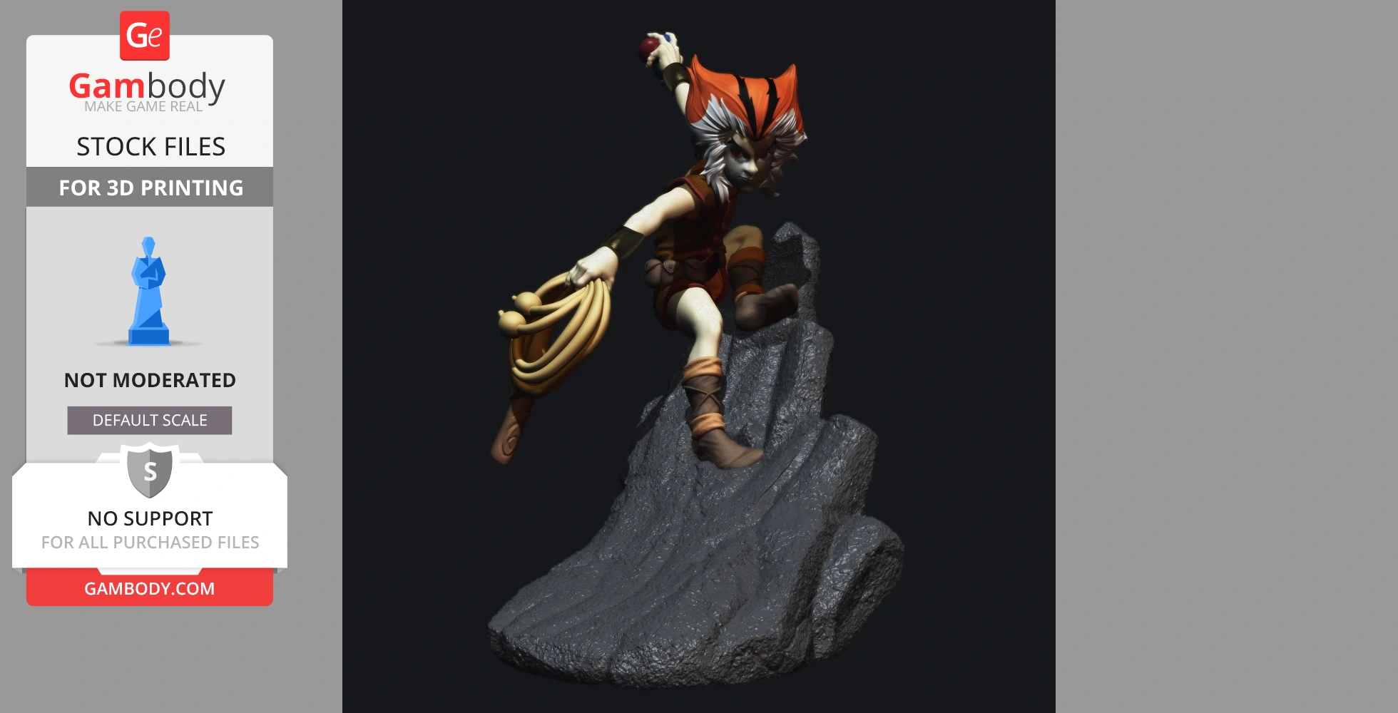 A dynamic 3D model of a character with orange hair and a slingshot, posed on a rocky base.