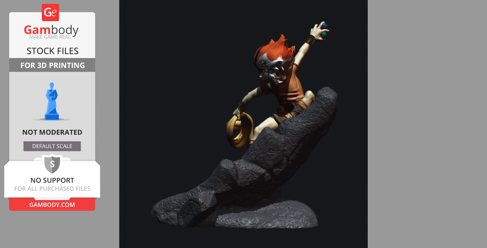 A dynamic 3D model of a character with red hair, posed on a rock, likely from the Thundercats series.