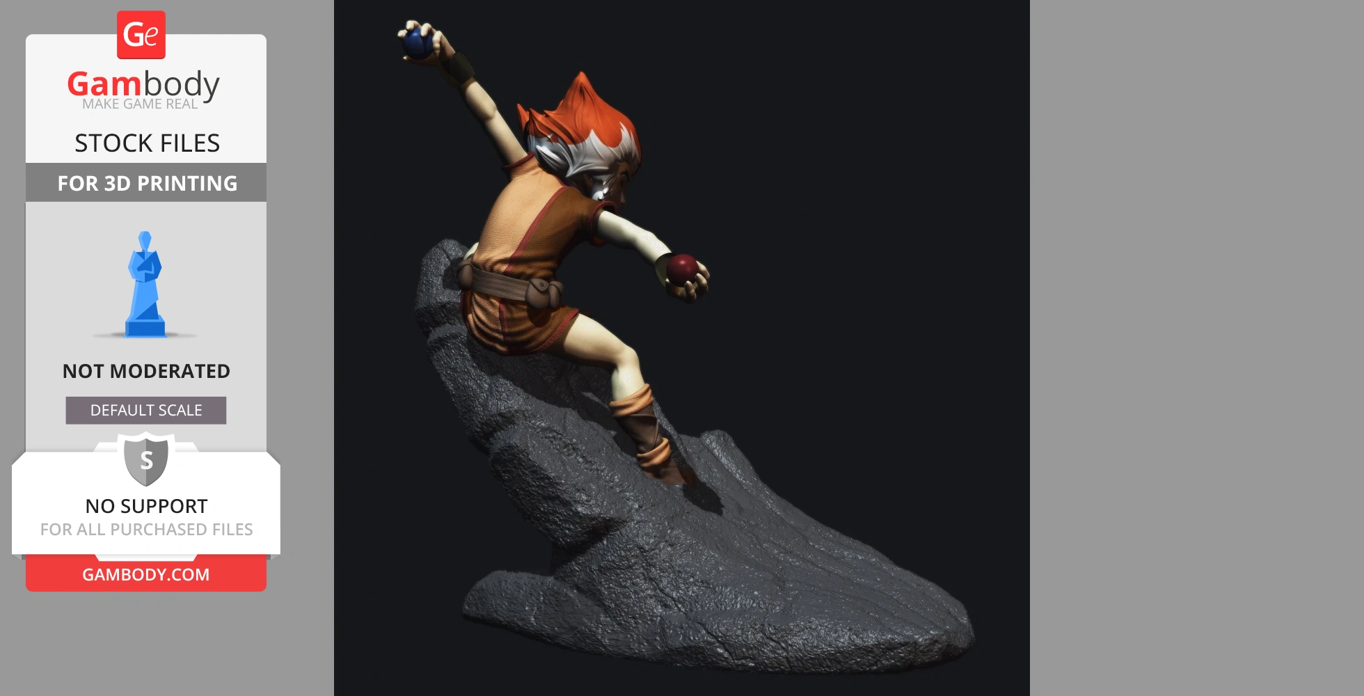A dynamic figure poised on a rock, ready for action, with spiky orange hair and a determined expression.