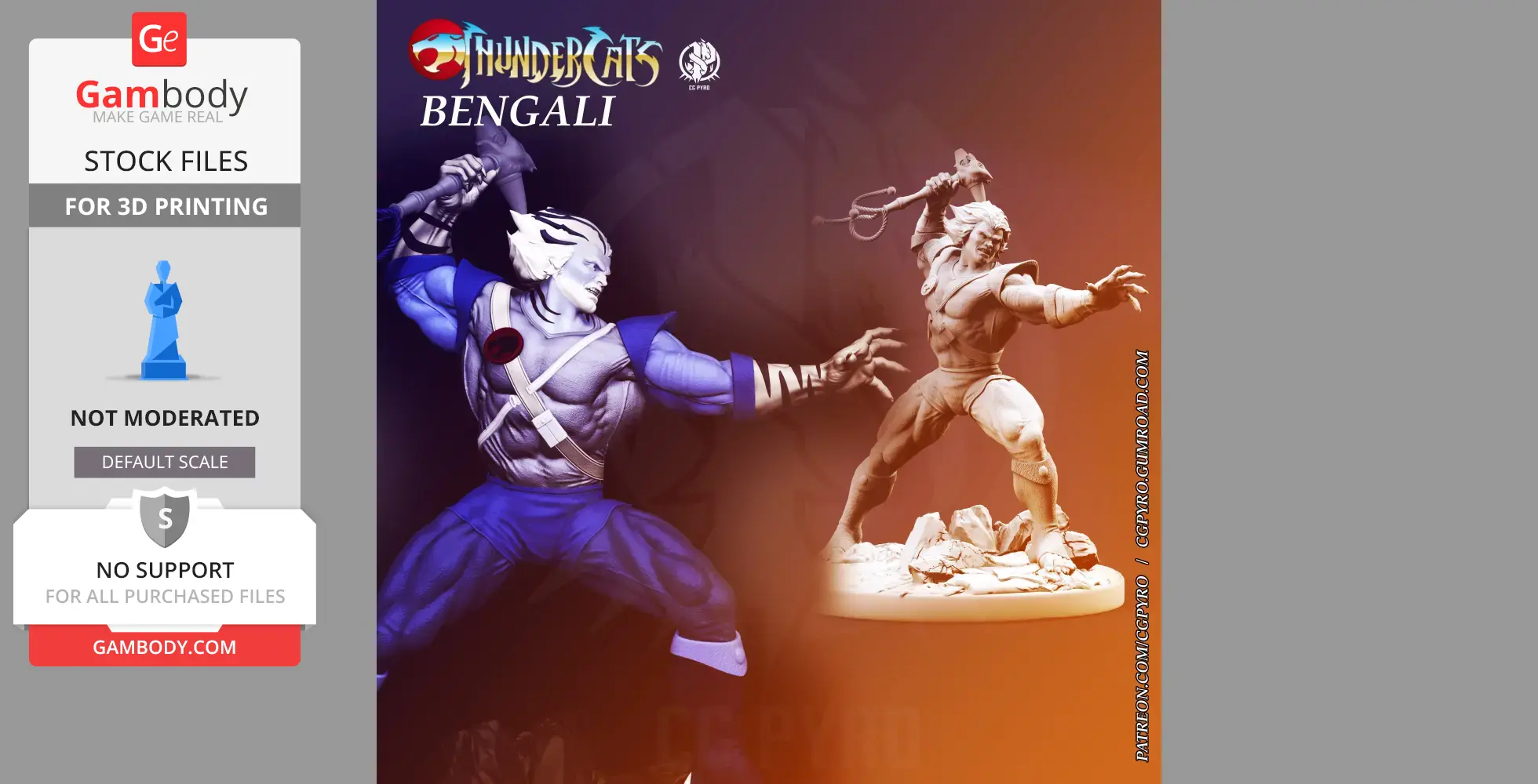 A 3D model of a muscular feline humanoid warrior wielding a weapon, available for 3D printing.