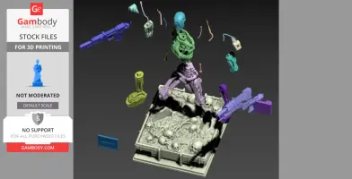 Exploded view of T-800 endoskeleton parts for 3D printing, includes weapons and skull base.