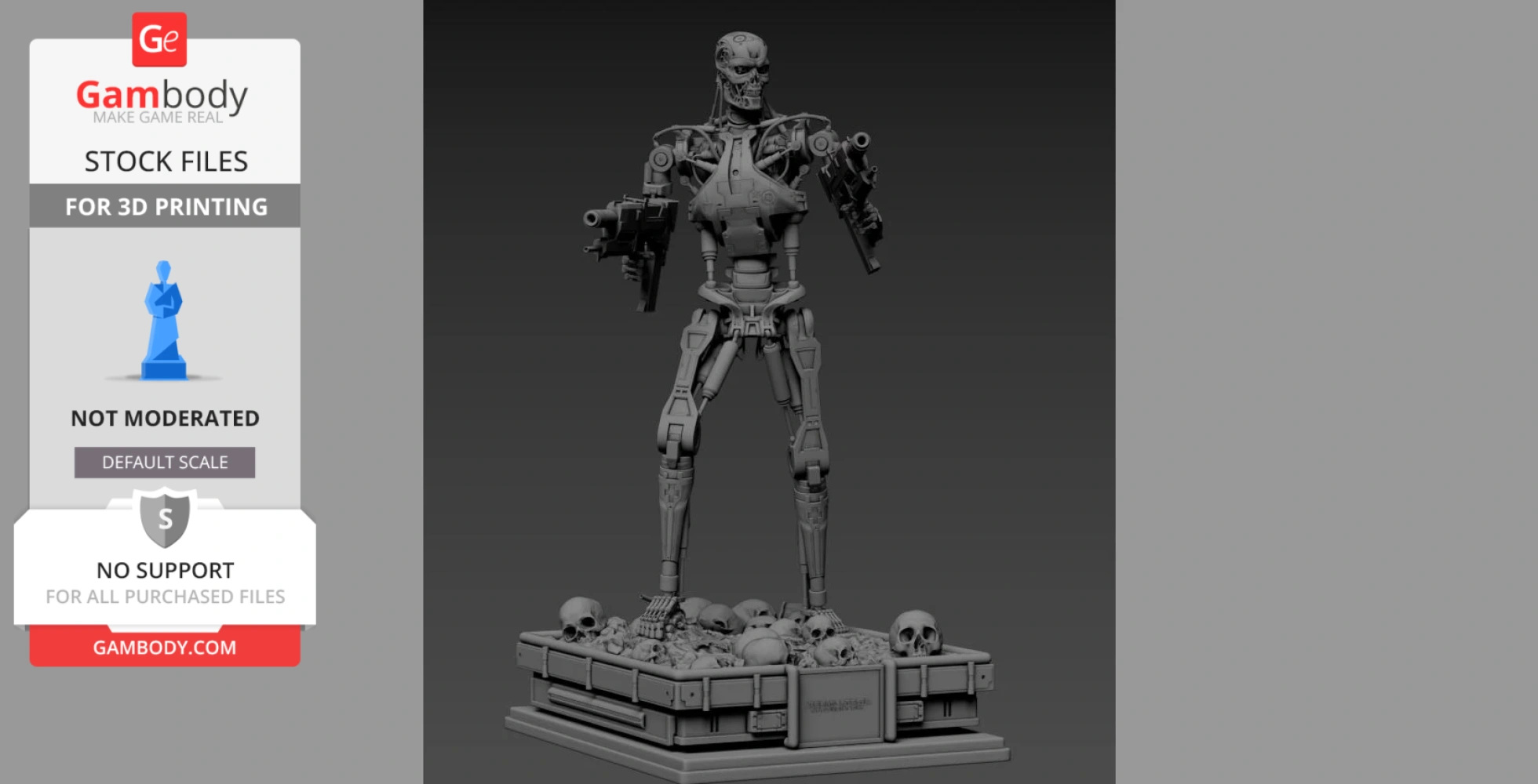 Robotic endoskeleton with guns, standing on a base of human skulls.