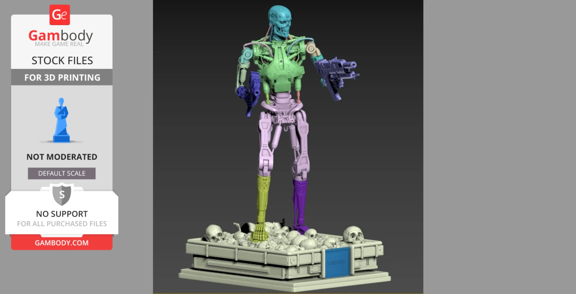 Colorful 3D model of a Terminator T-800 endoskeleton standing on a base with skulls.