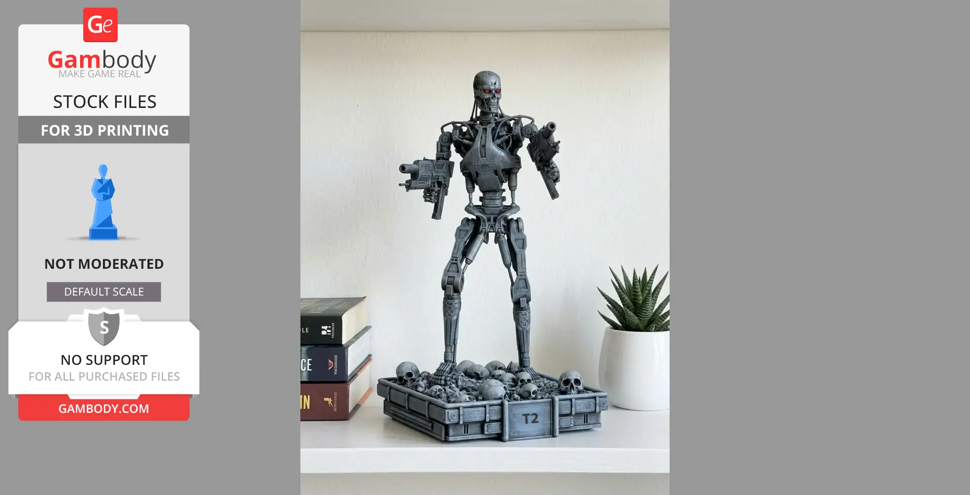 A 3D-printed Terminator T-800 endoskeleton model standing on a base of skulls.