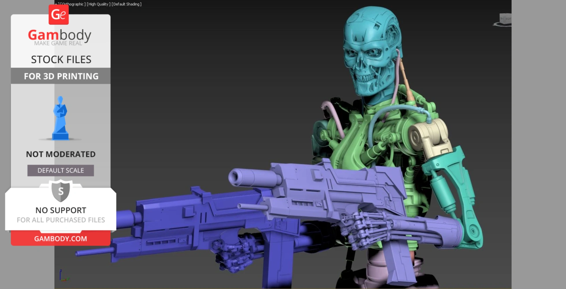A 3D model of a robotic skeleton holding a large futuristic weapon, designed for 3D printing.