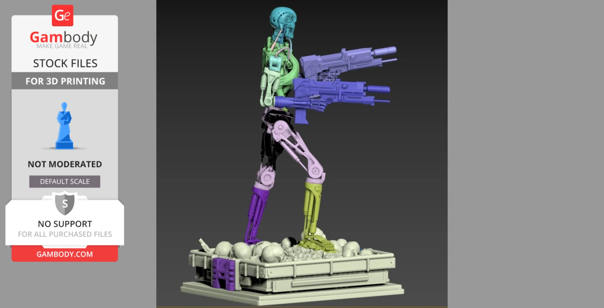 A multicolored 3D model of a Terminator T-800 Endoskeleton with a weapon, standing on a base with skulls.