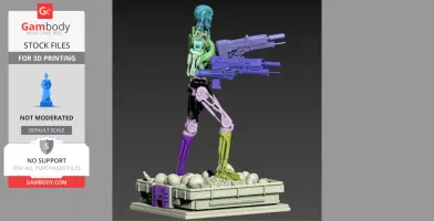 A multicolored 3D model of a Terminator T-800 Endoskeleton with a weapon, standing on a base with skulls.